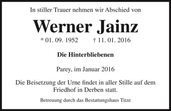 Traueranzeige von Werner Jainz  von Magdeburger Volksstimme