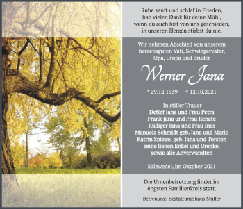 Traueranzeige von Werner Jana  von Magdeburger Volksstimme