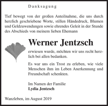 Traueranzeige von Werner Jentzsch  von Magdeburger Volksstimme