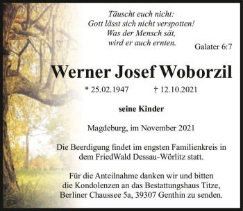 Traueranzeige von Werner Josef Woborzil  von Magdeburger Volksstimme