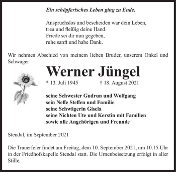 Traueranzeige von Werner Jüngel  von Magdeburger Volksstimme