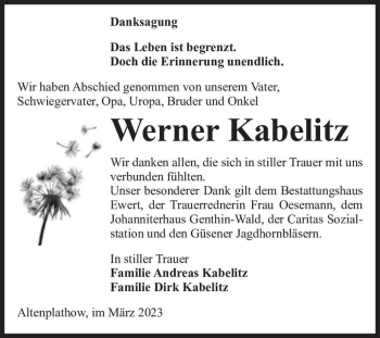 Traueranzeige von Werner Kabelitz  von Magdeburger Volksstimme