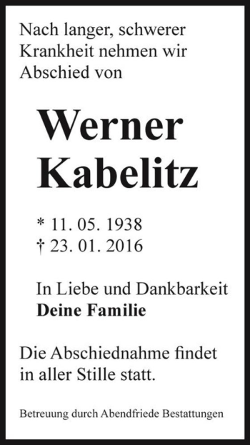 Traueranzeige von Werner Kabelitz  von Magdeburger Volksstimme