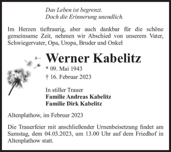 Traueranzeige von Werner Kabelitz  von Magdeburger Volksstimme