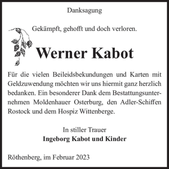 Traueranzeige von Werner Kabot  von Magdeburger Volksstimme