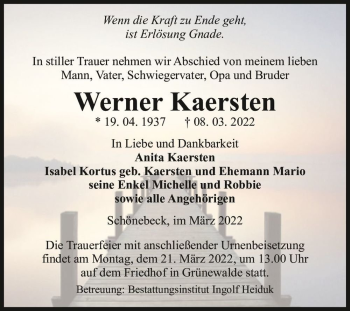 Traueranzeige von Werner Kaersten  von Magdeburger Volksstimme