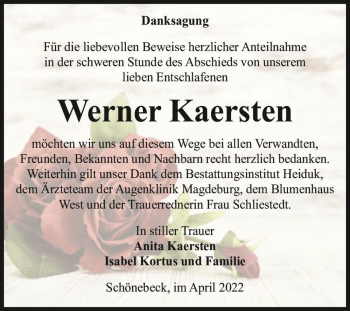 Traueranzeige von Werner Kaersten  von Magdeburger Volksstimme