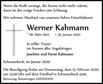 Traueranzeige von Werner Kahmann  von Magdeburger Volksstimme