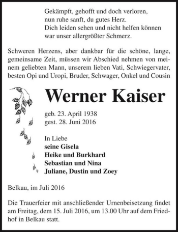 Traueranzeige von Werner Kaiser  von Magdeburger Volksstimme