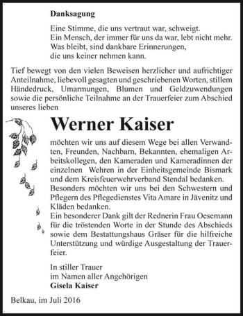 Traueranzeige von Werner Kaiser  von Magdeburger Volksstimme