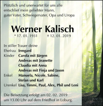 Traueranzeige von Werner Kalisch  von Magdeburger Volksstimme