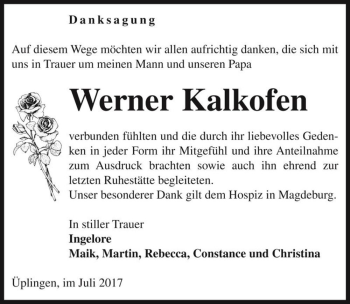 Traueranzeige von Werner Kalkofen  von Magdeburger Volksstimme
