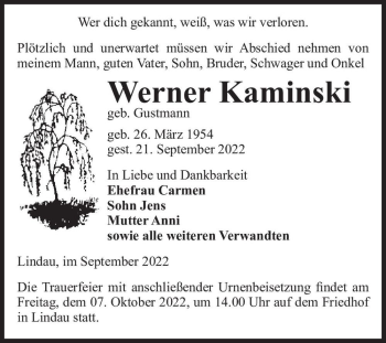 Traueranzeige von Werner Kaminski (geb. Gustmann)  von Magdeburger Volksstimme