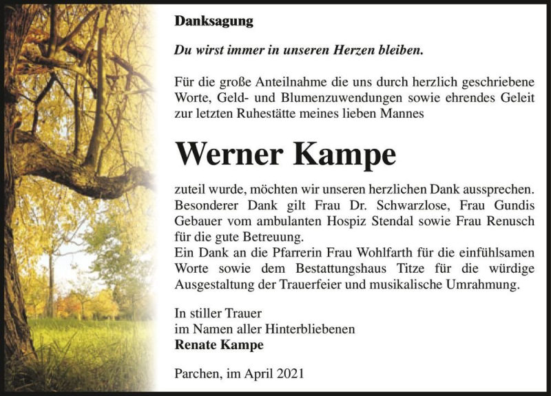  Traueranzeige für Werner Kampe  vom 24.04.2021 aus Magdeburger Volksstimme
