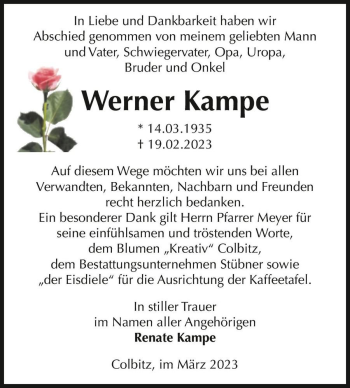 Traueranzeige von Werner Kampe  von Magdeburger Volksstimme
