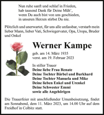 Traueranzeige von Werner Kampe  von Magdeburger Volksstimme