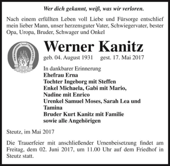 Traueranzeige von Werner Kanitz  von Magdeburger Volksstimme