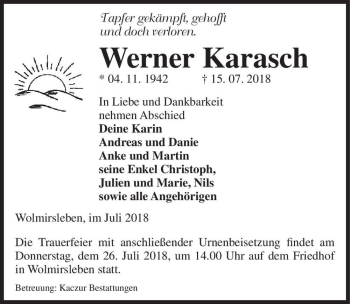 Traueranzeige von Werner Karasch  von Magdeburger Volksstimme