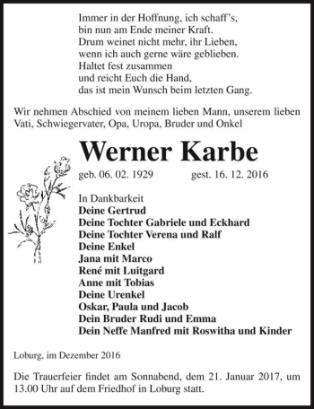Traueranzeige von Werner Karbe  von Magdeburger Volksstimme