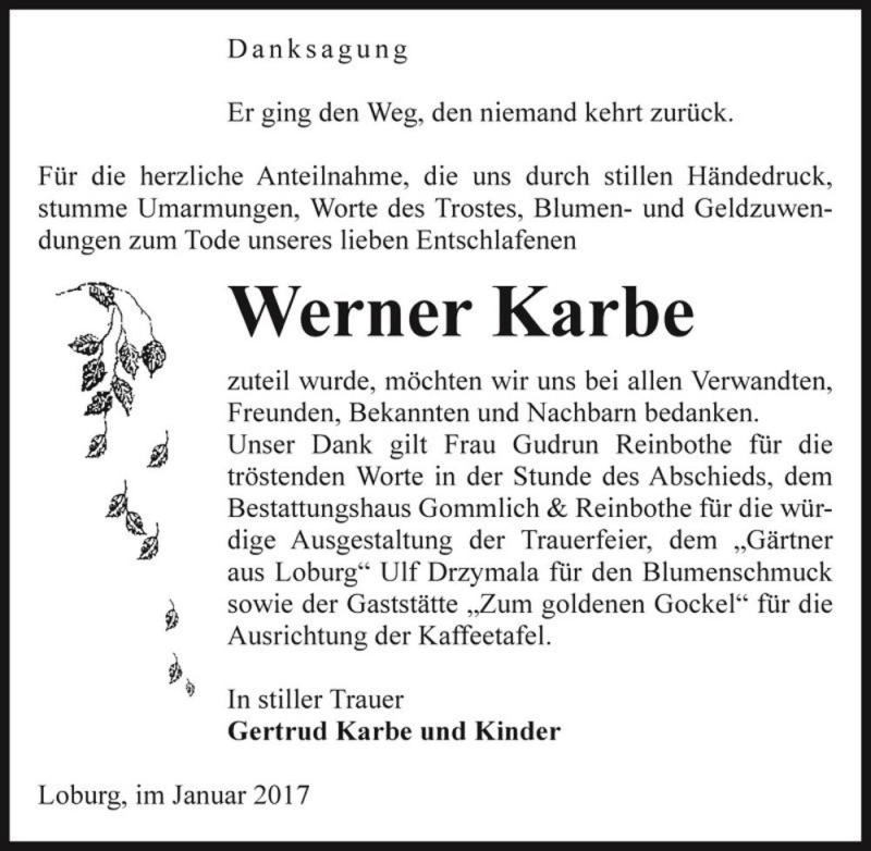  Traueranzeige für Werner Karbe  vom 04.02.2017 aus Magdeburger Volksstimme
