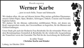 Traueranzeige von Werner Karbe  von Magdeburger Volksstimme