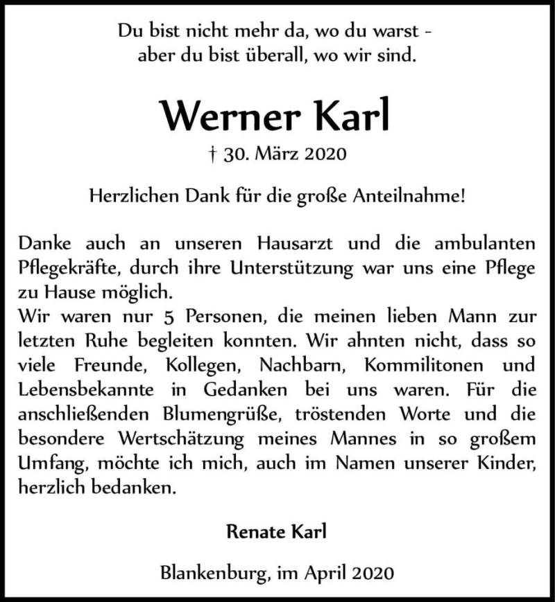  Traueranzeige für Werner Karl  vom 18.04.2020 aus Magdeburger Volksstimme