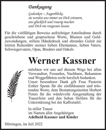 Traueranzeige von Werner Kassner  von Magdeburger Volksstimme