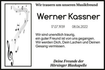 Traueranzeige von Werner Kassner  von Magdeburger Volksstimme