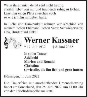 Traueranzeige von Werner Kassner  von Magdeburger Volksstimme