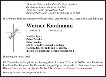Traueranzeige von Werner Kaufmann  von Magdeburger Volksstimme