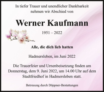 Traueranzeige von Werner Kaufmann  von Magdeburger Volksstimme