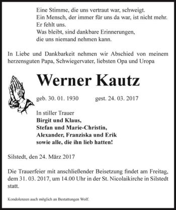 Traueranzeige von Werner Kautz  von Magdeburger Volksstimme