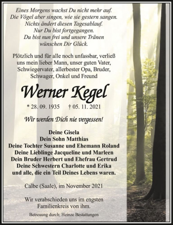 Traueranzeige von Werner Kegel  von Magdeburger Volksstimme
