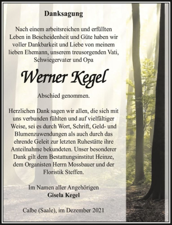 Traueranzeige von Werner Kegel  von Magdeburger Volksstimme