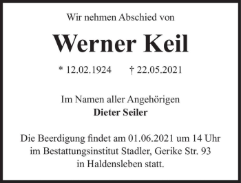 Traueranzeige von Werner Keil  von Magdeburger Volksstimme