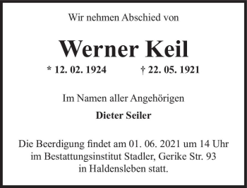 Traueranzeige von Werner Keil  von Magdeburger Volksstimme