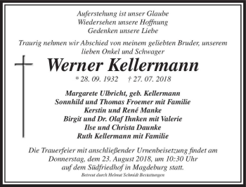 Traueranzeige von Werner Kellermann  von Magdeburger Volksstimme