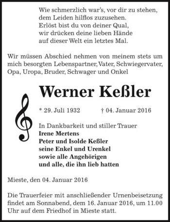 Traueranzeige von Werner Keßler  von Magdeburger Volksstimme