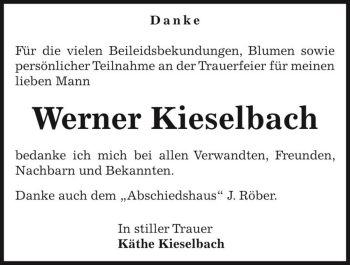 Traueranzeige von Werner Kieselbach  von Magdeburger Volksstimme