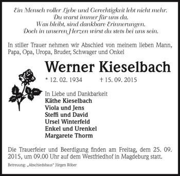 Traueranzeige von Werner Kieselbach  von Magdeburger Volksstimme