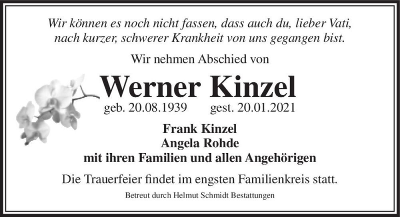  Traueranzeige für Werner Kinzel  vom 13.02.2021 aus Magdeburger Volksstimme