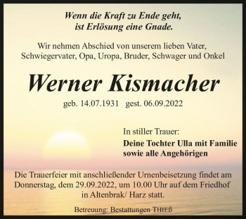 Traueranzeige von Werner Kismacher  von Magdeburger Volksstimme