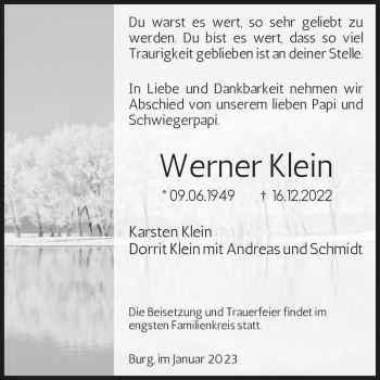 Traueranzeige von Werner Klein  von Magdeburger Volksstimme