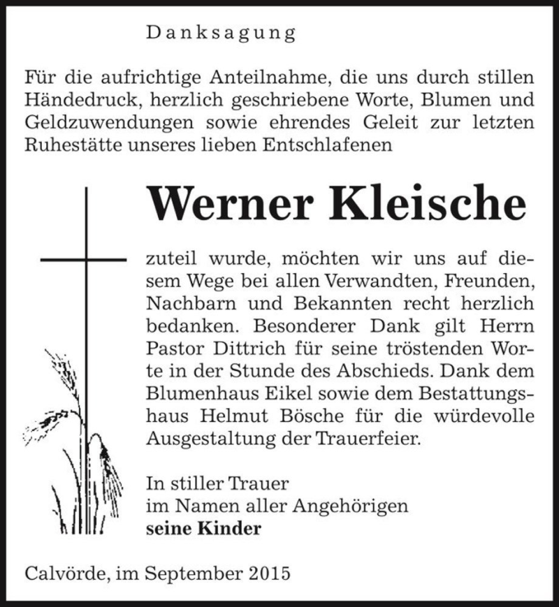  Traueranzeige für Werner Kleische  vom 01.10.2015 aus Magdeburger Volksstimme