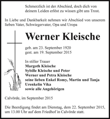Traueranzeige von Werner Kleische  von Magdeburger Volksstimme