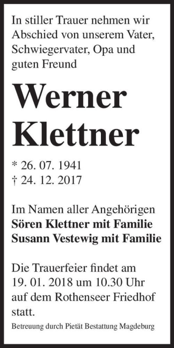 Traueranzeige von Werner Klettner  von Magdeburger Volksstimme