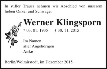 Traueranzeige von Werner Klingsporn  von Magdeburger Volksstimme