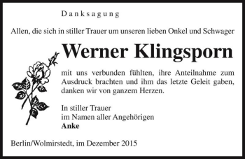 Traueranzeige von Werner Klingsporn  von Magdeburger Volksstimme