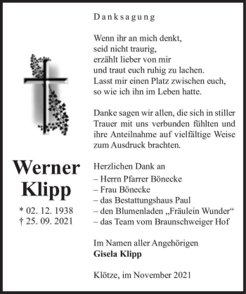 Traueranzeige von Werner Klipp  von Magdeburger Volksstimme