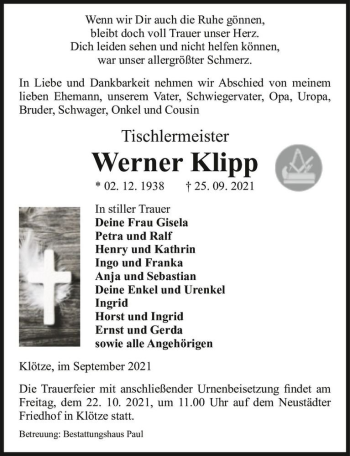 Traueranzeige von Werner Klipp  von Magdeburger Volksstimme